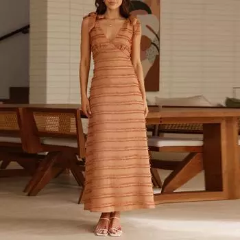 Женский летний сексуальный облегающий макси-сарафан со шнуровкой и V-образным вырезом L