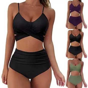 Женский летний сексуальный однотонный купальник из двух частей бикини XL чёрный