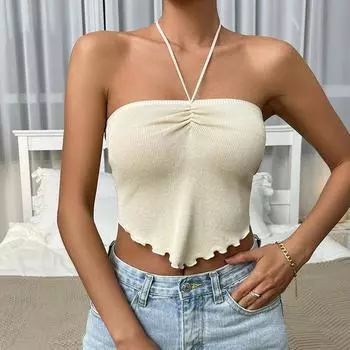 Женский летний сексуальный однотонный жилет с лямкой на бретельках и рюшами, укороченный топ с открытой талией S миндальный
