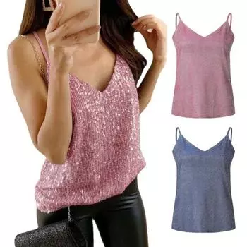 Женский летний сексуальный жилет на бретельках с v-образным вырезом, сверкающий перламутровый камзол, свободный крой, блестящие топы без рукавов для ночного клуба M розовый