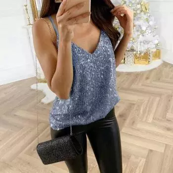 Женский летний сексуальный жилет с v-образным вырезом, сверкающий перламутровый камзол, свободный крой, блестящие майки без рукавов, пуловеры для ночного клуба M розовый