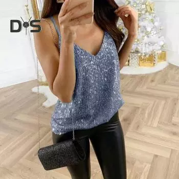 Женский летний сексуальный жилет с v-образным вырезом, сверкающий перламутровый камзол, свободный крой, блестящие майки без рукавов, пуловеры для ночного клуба M розовый