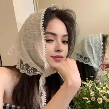 Женский летний шарф во французском стиле с кружевным узором, повязка для волос, сплошной цвет, ретро солнцезащитный треугольный шарф, ретро лента синий