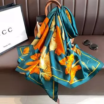Женский летний шелковый шарф Lotus Brocade - шаль с солнцезащитным принтом 90cm x 180cm