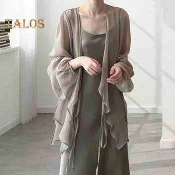 Женский летний шифоновый солнцезащитный кардиган с v-образным вырезом и длинными рукавами, шифоновый топ, прозрачное пальто с шалью на шнуровке и нерегулярным подолом L белый