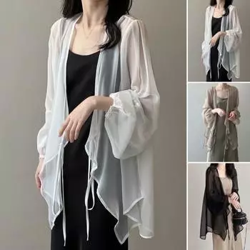 Женский летний шифоновый солнцезащитный кардиган с v-образным вырезом и длинными рукавами, шифоновый топ, прозрачное пальто с шалью на шнуровке и нерегулярным подолом L белый