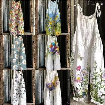 Женский летний сладкий маленький комбинезон с широкими штанинами в стиле ретро со свежим принтом S