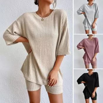 Женский летний спортивный костюм из 2 предметов с круглым вырезом и короткими рукавами, тонкий топ в американском стиле, шорты с высокой талией, спортивный костюм, летняя одежда для йоги M кирпич красный