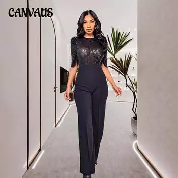 Женский летний стиль, пайетки, высокая талия, модный широкий комбинезон S шампанского