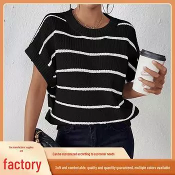 Женский летний свитер-пуловер с короткими рукавами в полоску контрастного цвета M чёрный