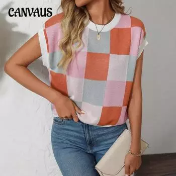 Женский летний свитер с коротким рукавом и короткими рукавами, с цветными блоками, круглым вырезом и узором в шахматную клетку S розы красного