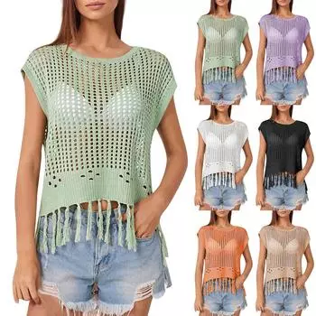 Женский летний свитер с круглым вырезом и короткими рукавами, повседневный вязаный крючком, ажурные вязаные топы, пуловеры, рубашки, пляжное накидка L чёрный