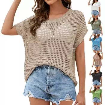 Женский летний свитер с круглым вырезом и короткими рукавами, повседневный вязаный крючком, ажурный вязаный топ, пляжное прикрытие L чёрный