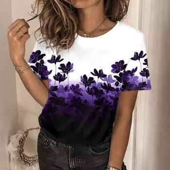 Женский летний свободный 3D-принтованный цветочный круглый вырез пуловер с короткими рукавами футболка S