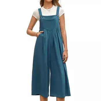 Женский летний свободный комбинезон, повседневный комбинезон без рукавов с круглым вырезом и широкими брюками, комбинезон с карманами