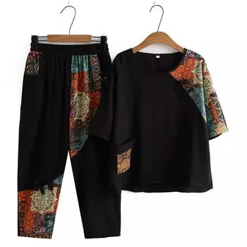 Женский летний свободный комплект большого размера для пожилых и средних лет в стиле ретро из хлопка и льна, топ + брюки, комплект из двух предметов 5XL чёрный