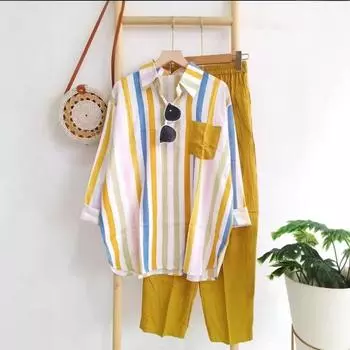 Женский летний свободный костюм для поездок на работу больших размеров, повседневная рубашка в полоску + брюки, тонкий удобный комплект из двух предметов 5XL чёрный