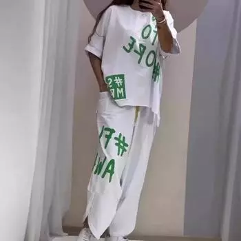 Женский летний свободный костюм с буквенным принтом, офисный костюм, удобная свободная футболка с круглым вырезом + брюки, комплект из 2 предметов 5XL