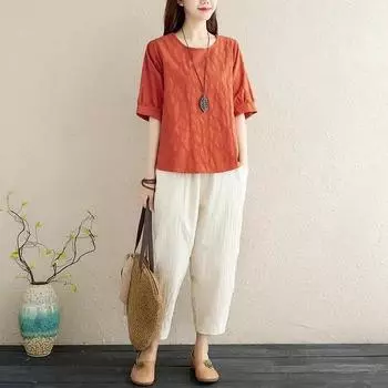 Женский летний свободный повседневный комплект из однотонной футболки с круглым вырезом и короткими рукавами + брюк Nine Point Haren, комплект из двух предметов 2XL красный