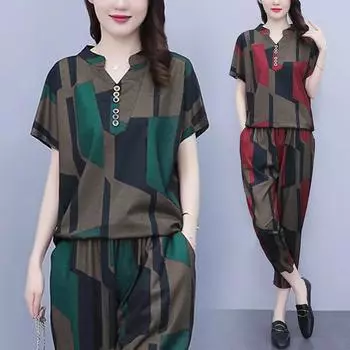 Женский летний свободный повседневный костюм больших размеров для похудения, прикрывающий живот, топ с короткими рукавами, брюки, уменьшающий возраст, комплект из двух предметов 5XL красный