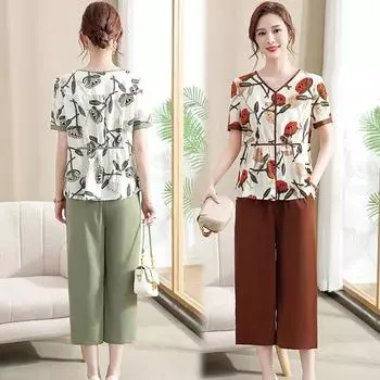 Женский летний свободный повседневный костюм среднего возраста, тонкий срез, топ с короткими рукавами + брюки, комплект из двух предметов 5XL зелёный
