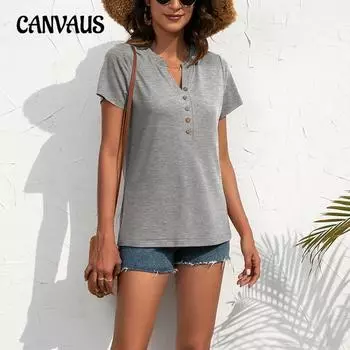 Женский летний свободный повседневный пуловер с v-образным вырезом, футболка с короткими рукавами, однотонный вязаный топ на декоративных пуговицах S чёрный