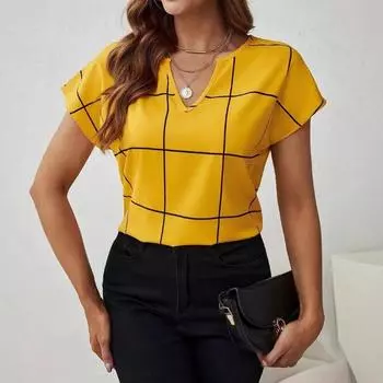 Женский летний свободный повседневный топ с V-образным вырезом и коротким рукавом в полоску с модным принтом S золотой