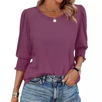 Женский летний свободный топ большого размера с круглым вырезом, эластичный плиссированный топ со средним рукавом M винный