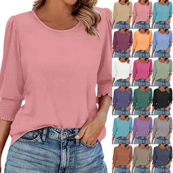 Женский летний свободный топ большого размера с круглым вырезом, эластичный плиссированный топ со средним рукавом L верблюд