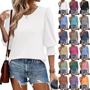 Женский летний свободный топ большого размера с круглым вырезом, эластичный плиссированный топ со средним рукавом L чёрный