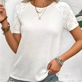 Женский летний свободный топ из жаккардовой вязки с полым кружевом и короткими рукавами S белый