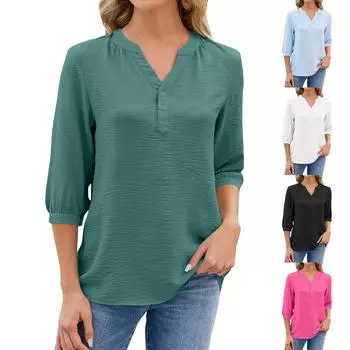 Женский летний свободный топ с разрезом на рукавах и V-образным вырезом на пуговицах, однотонный M белый