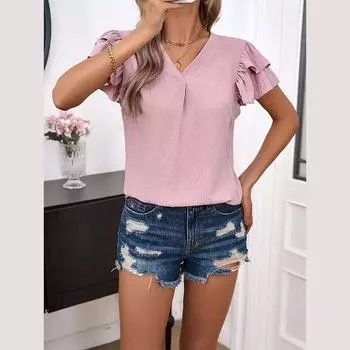 Женский летний свободный топ с v-образным вырезом и рукавами с рюшами S розовый