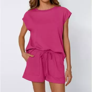 Женский летний свободный жилет для пляжного отдыха с круглым вырезом и элегантной рубашкой с коротким рукавом и шортами S