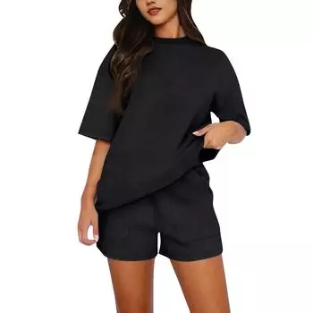 Женский летний свободный жилет для пляжного отдыха с круглым вырезом и элегантной рубашкой с коротким рукавом и шортами M чёрный