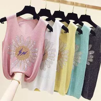Женский летний свободный жилет с лямкой на шее, инкрустированный бриллиантами, короткий утягивающий жилет без рукавов с v-образным вырезом L
