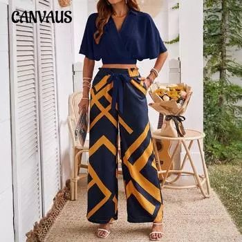 Женский летний темпераментный костюм из двух частей с V-образным вырезом и короткими рукавами, контрастным принтом и широкими брюками S темно-синий