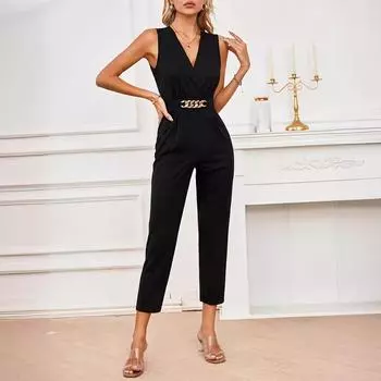 Женский летний темпераментный однотонный повседневный комбинезон без рукавов в стиле кроссовер S чёрный