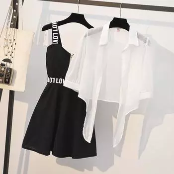 Женский летний темпераментный тонкий маленький костюм, платье на подтяжках, костюм из двух частей S чёрный
