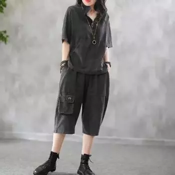 Женский летний тонкий джинсовый костюм больших размеров с короткими рукавами и брюками-шеститочниками, костюм из двух частей 6XL чёрный