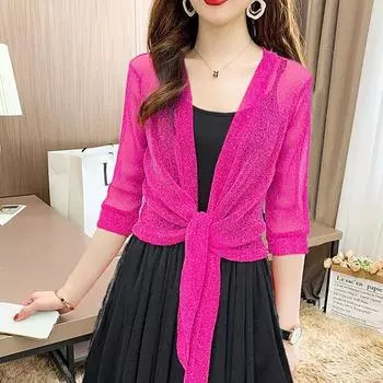 Женский летний тонкий кружевной шаль с половиной рукавом, солнцезащитная одежда, повседневный свободный яркий шелковый дышащий кардиган L чёрный