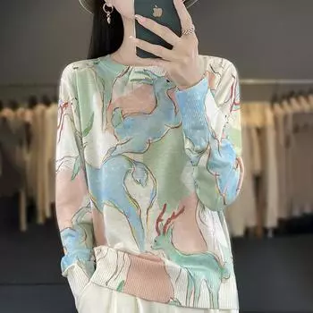 Женский летний тонкий вязаный свитер с круглым вырезом, модная универсальная базовая футболка с принтом M