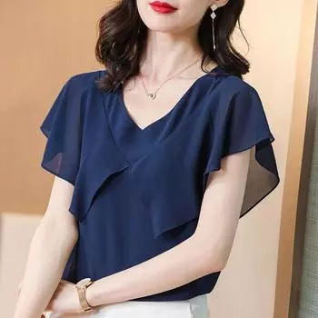 Женский летний топ Aiyimaiyi 2023 года из шифона с воротником-листом лотоса и короткими рукавами — стильный, легкий, большого размера M