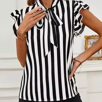 Женский летний топ без рукавов с рюшами и галстуком-бабочкой в полоску S белый/чёрный