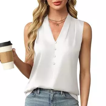 Женский летний топ без рукавов с V-образным вырезом, атласный, однотонный, на пуговицах, приталенный S