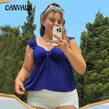 Женский летний топ без рукавов с V-образным вырезом, новый облегающий однотонный дизайн Sense 1XL синий