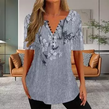 Женский летний топ больших размеров на пуговицах с коротким рукавом и цветочным принтом, свободная повседневная одежда 3XL красный