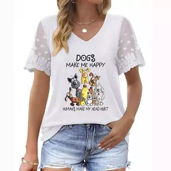 Женский летний топ больших размеров с V-образным вырезом, короткими рукавами, цветочным принтом и кружевными деталями S