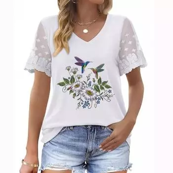 Женский летний топ больших размеров с V-образным вырезом, короткими рукавами, цветочным принтом и кружевными деталями S