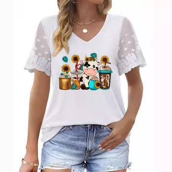 Женский летний топ больших размеров с V-образным вырезом, короткими рукавами, цветочным принтом и кружевными деталями S